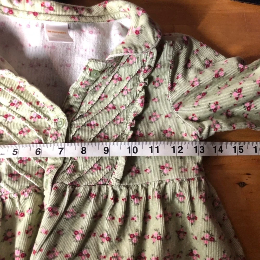 Vintage Style Floral Corduroy Dress Kids‎ 7 Green Pink Ruffles Prairie Cottage